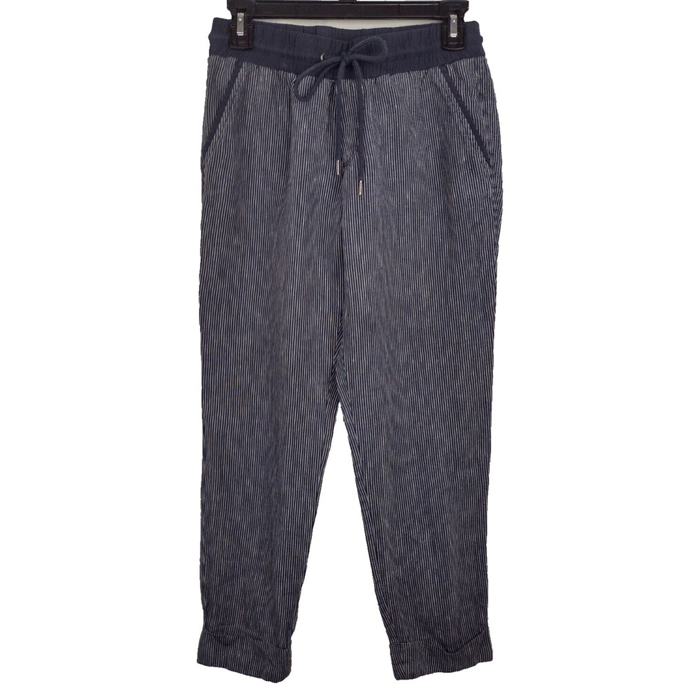 Athleta Womens Bali Linen Ankle Pant Blue & White Stripes Drawstring Casual Sz 2